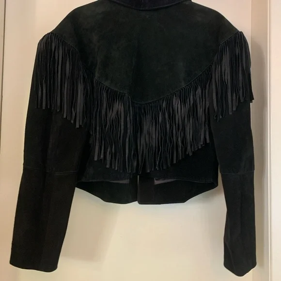 Vintage Black Fringed Cropped Suede Leather Jacket for Women, size Medium - Picture 2 of 6